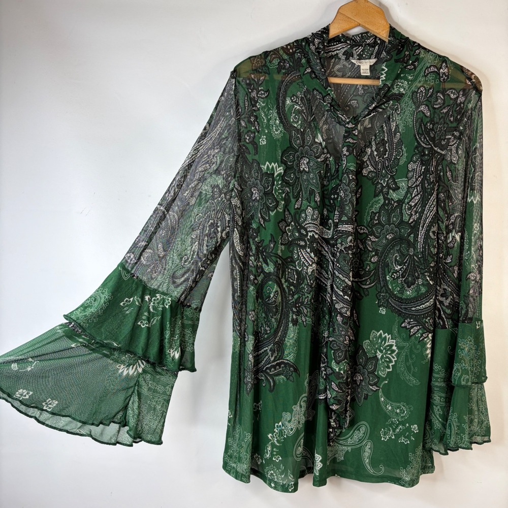 Cato Blouse Womens 18/20W Green Paisley Tie Neck Tiered Bell Sleeve Mesh Overlay - Picture 4 of 10